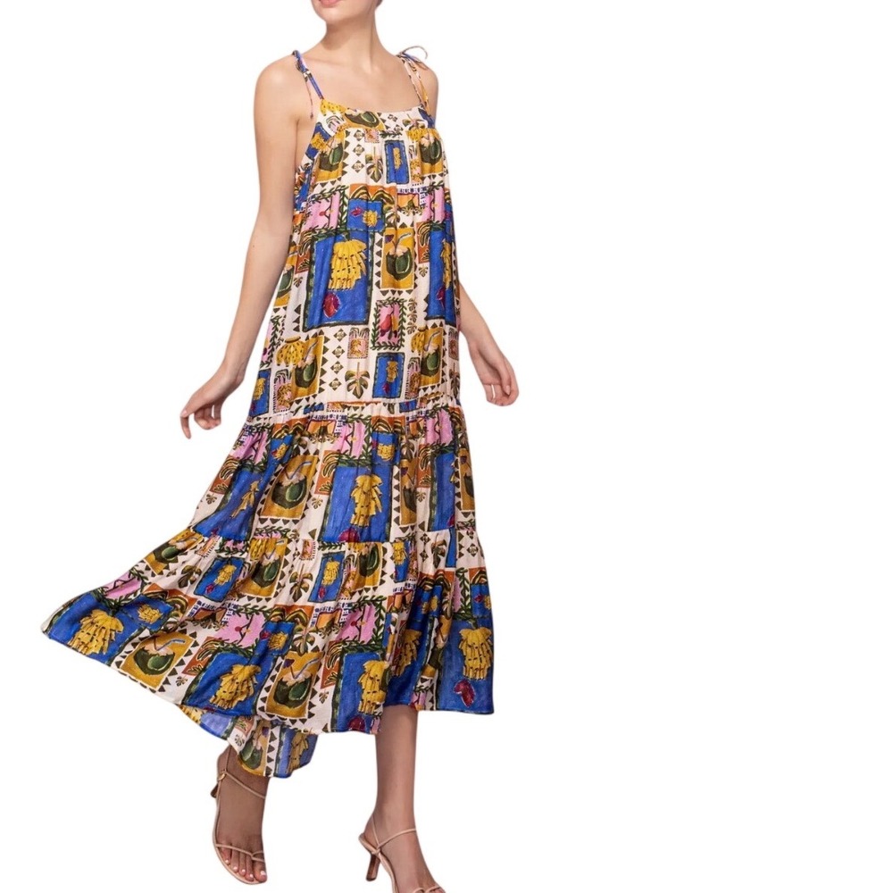 Melloday Trapeze Maxi Sundress Multi Patchwork Tropical Print Small NEW
